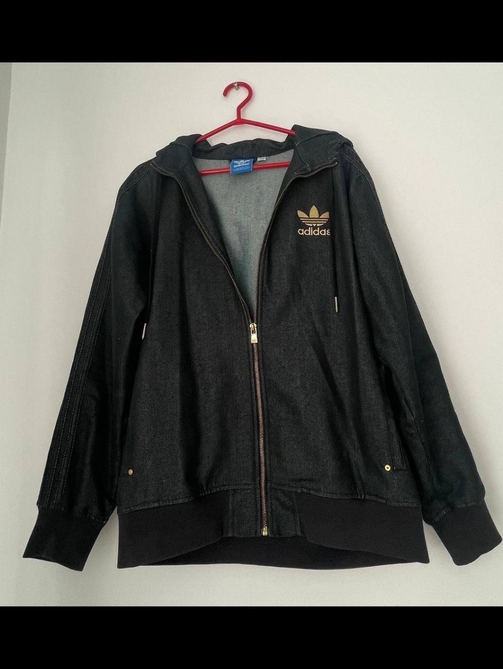 Adidas Black Denim Zip Hoodie ✦ Gold Trefoil ✦ Unisex Oversized L Y2K - Picture 4 of 7